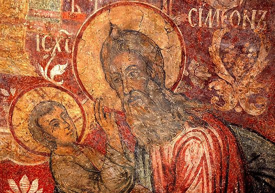 Фреска «Сретение Господне». Старец Симеон Богоприимец с младенцем Христом на руках