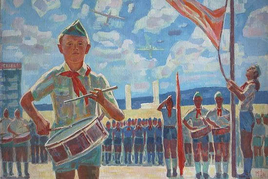 Пионерская линейка. Художник: Михаил Аникеев, 1947 г.