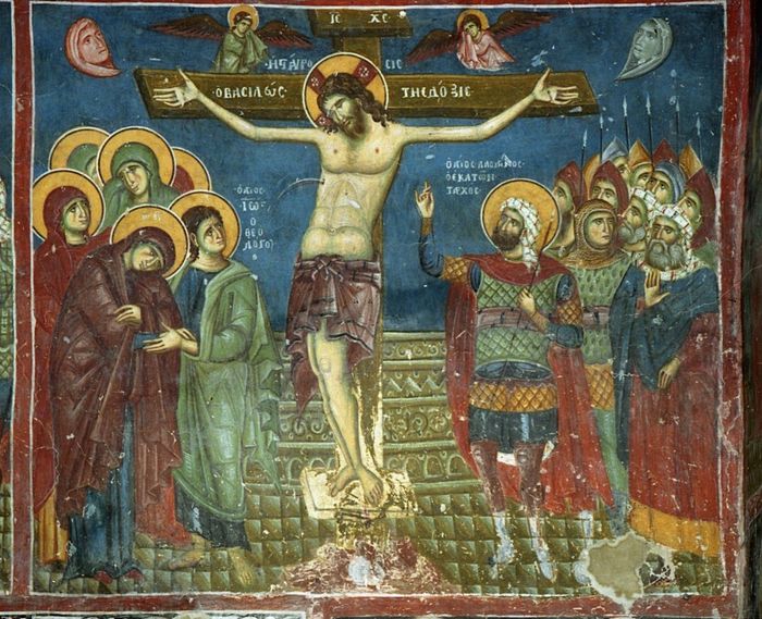 Великая Пятница. Распятие. Фреска церкви св.Николая в Прилепе, Македония. XII-XIII в.