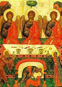 Это — икона Святой Троицы, написанная в Пскове в XV веке. На ней запечатлено явление Святой Троицы в виде трех Ангелов. Так Бог явился праведнику, праотцу Аврааму. О нем рассказывается в книгах "Ветхого Завета", поэтому икона называется "Ветхозаветная".