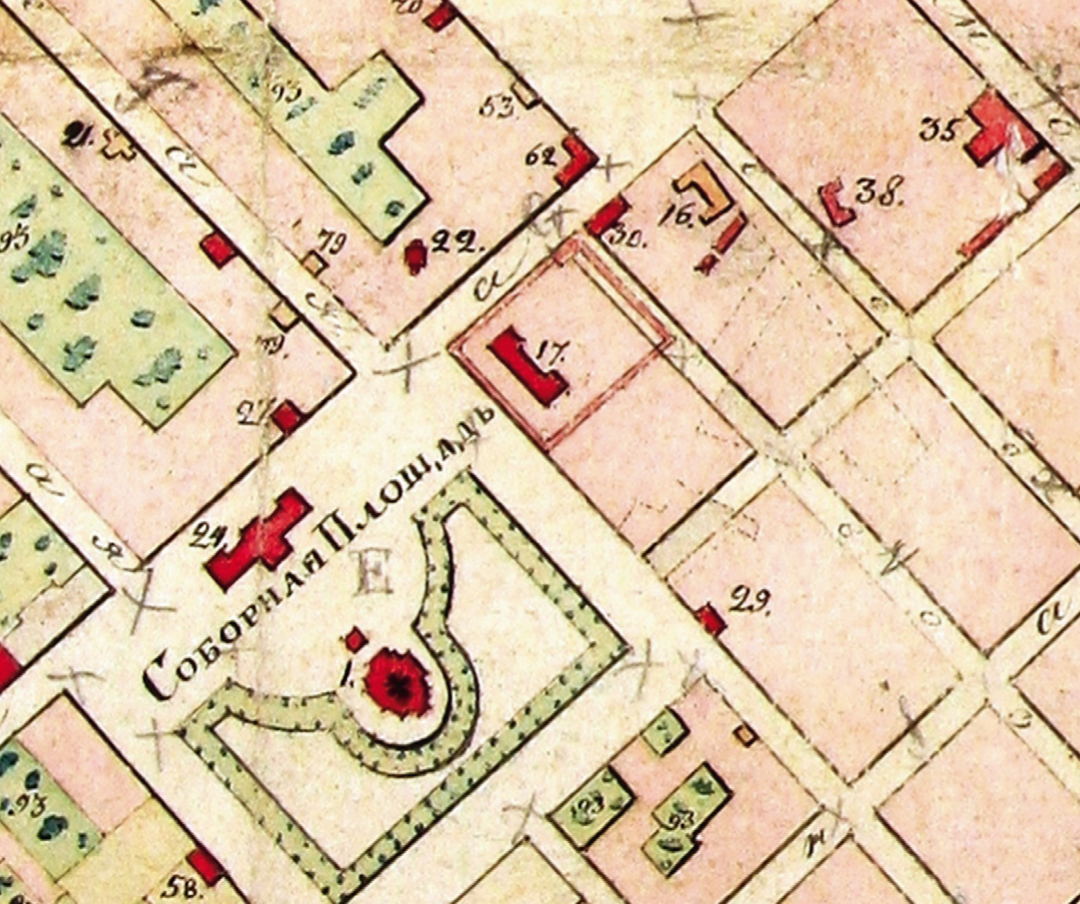 План Саратова 1842 г. Под № 30 — "Духовная консистория, каменная, одноэтажная"